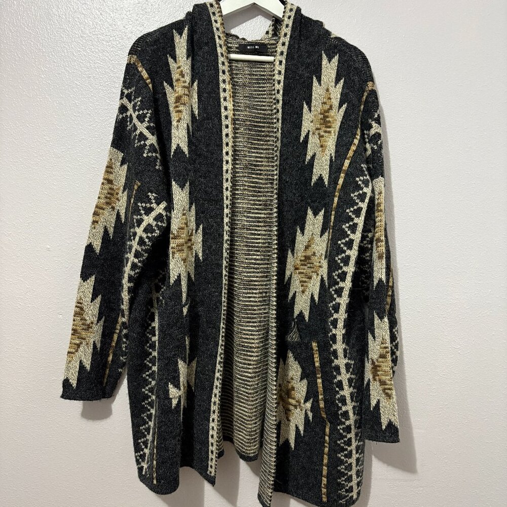 Miss MeSouthwestern Knit Cardigan - Open Front - Boho Cozy Layer L